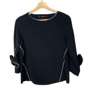 Zara Navy Blue White Contrast Piping Bow Long Sleeve Blouse XS‎